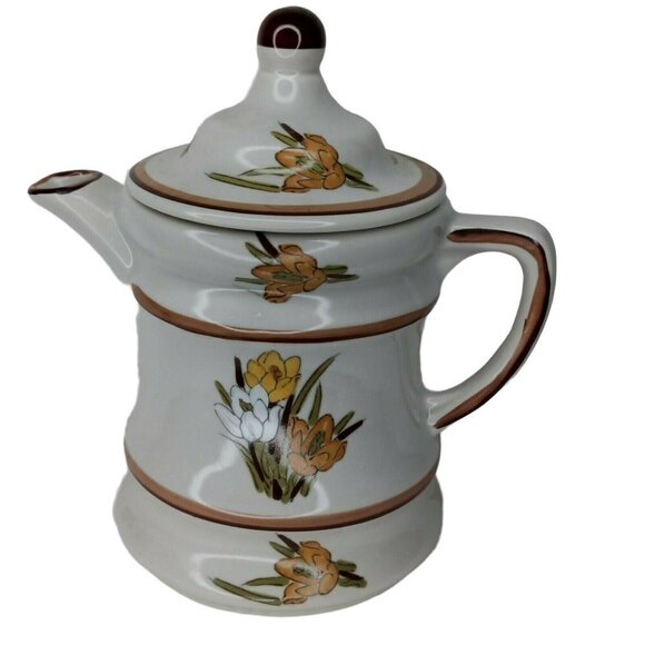 VINTAGE 2PC CALIFORNIA POTTERY USA Crocus  COFFEE TEA POT 8.5" - Picture 2 of 8